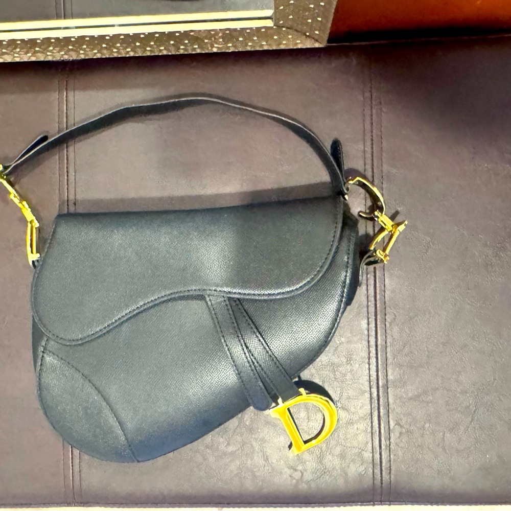 Dior Black Saddle Shoulder Bag with Gold 'D' Charm